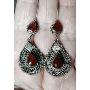 Vtg Tested 925 Sterling Silver Red Stone Cabachon Dangle Earrings 1.75"
